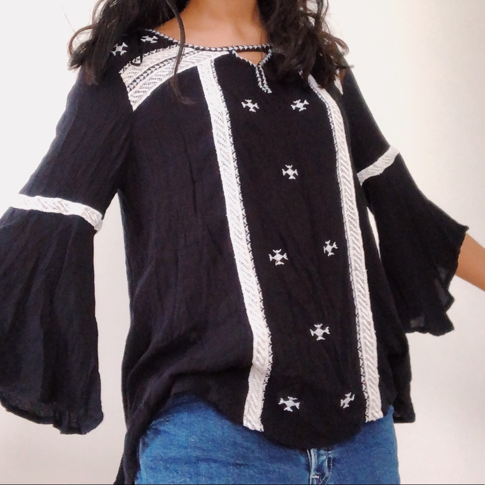 Boho style flowy black tunic with white embroidery